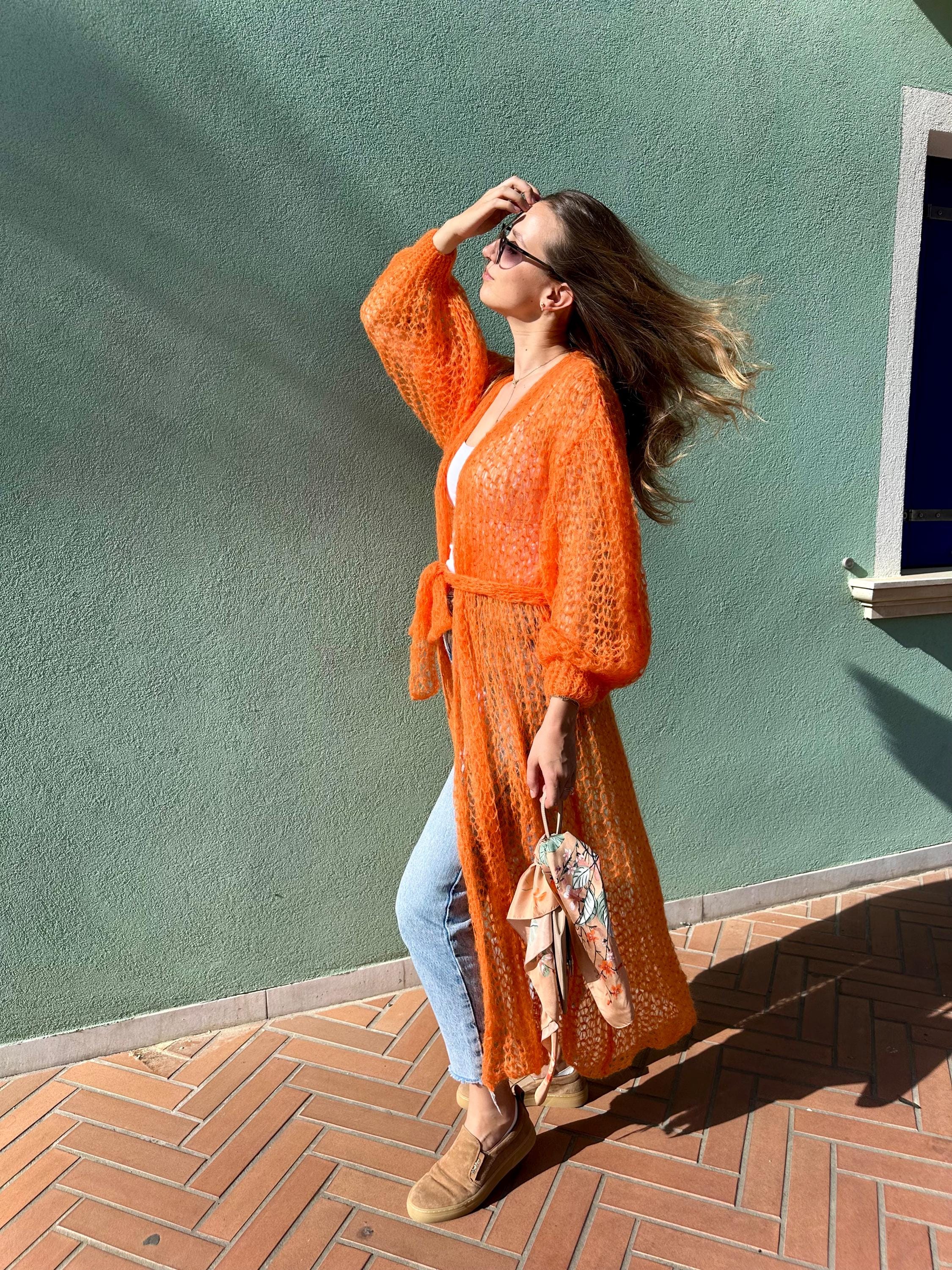 Long Orange Mohair Cardigan | Luxury Handmade Knit - Etsy