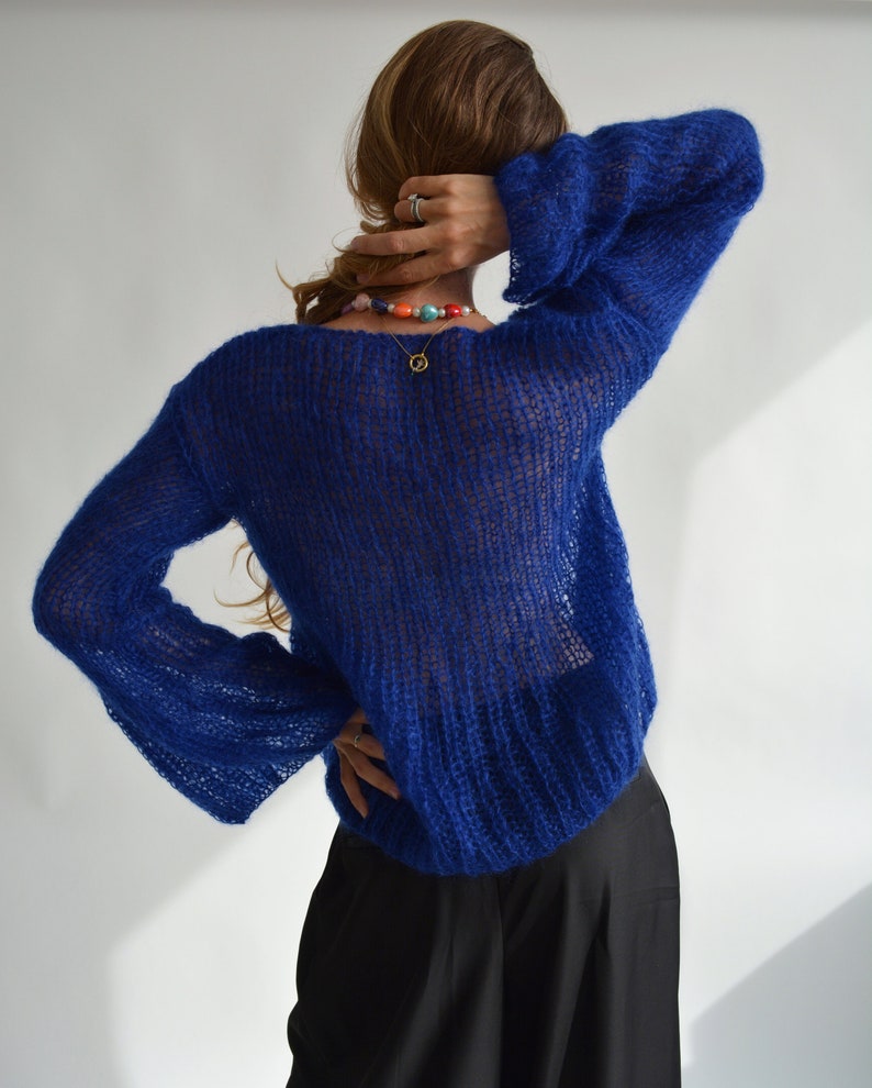 Blue Kid Mohair Sweater | Handmade Oversized Knit Pullover | Luxury Lightweight Sweater Bild 5