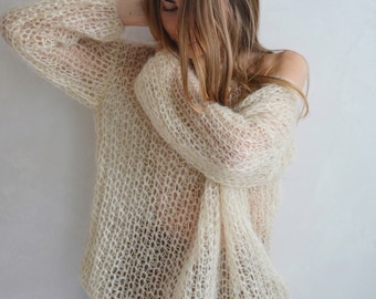 Cream Light Mohair Sweater With Lurex, off Shoulder Chic