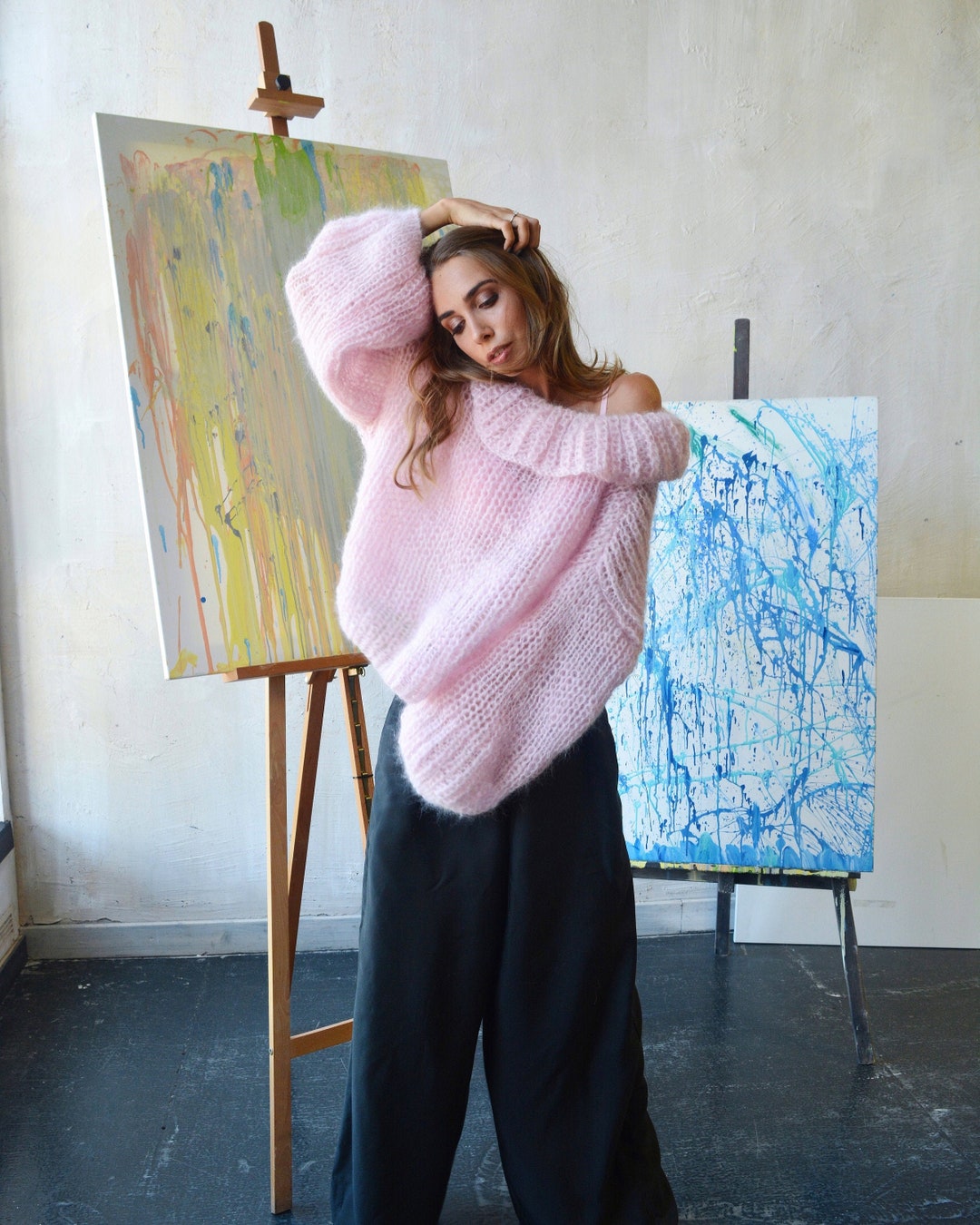 Handmade Light Pink Mohair Alpaca Sweater, Slouchy Turtleneck - Etsy