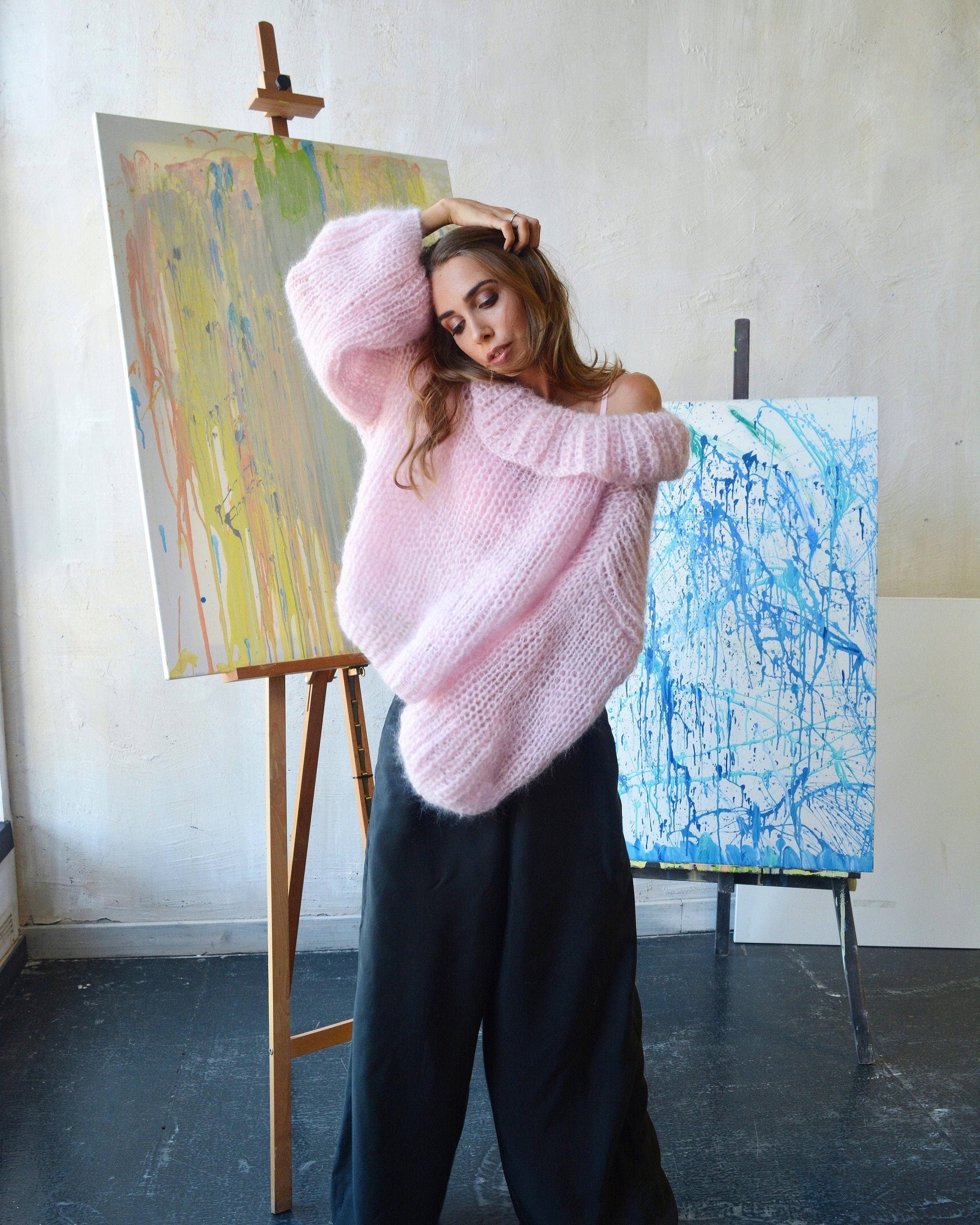 Light Pink Mohair Sweater Alpaca Turtleneck Sweater Slouchy