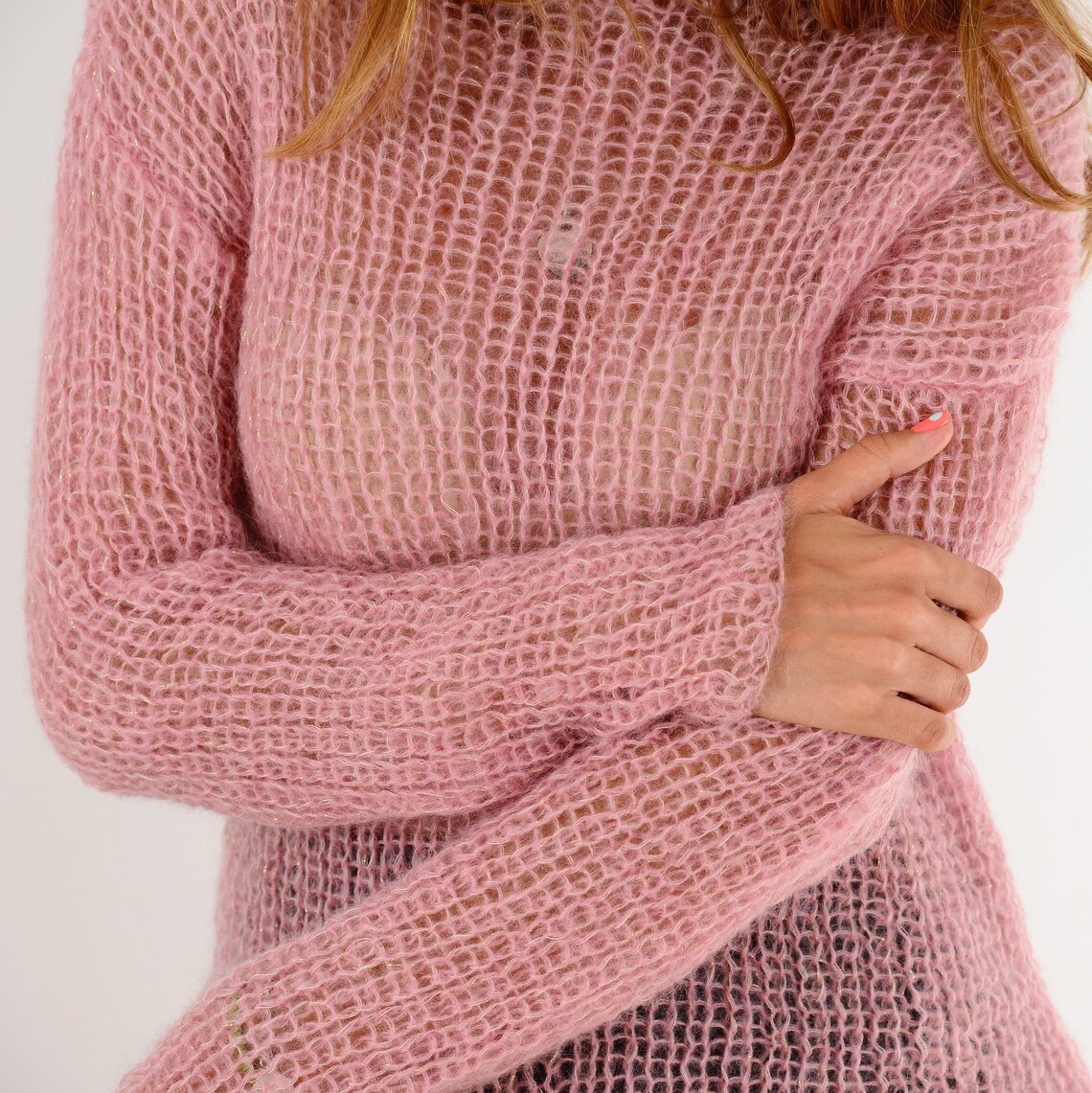 Rose gold mohair sweater Light pink embellished sweater Soft Etsy