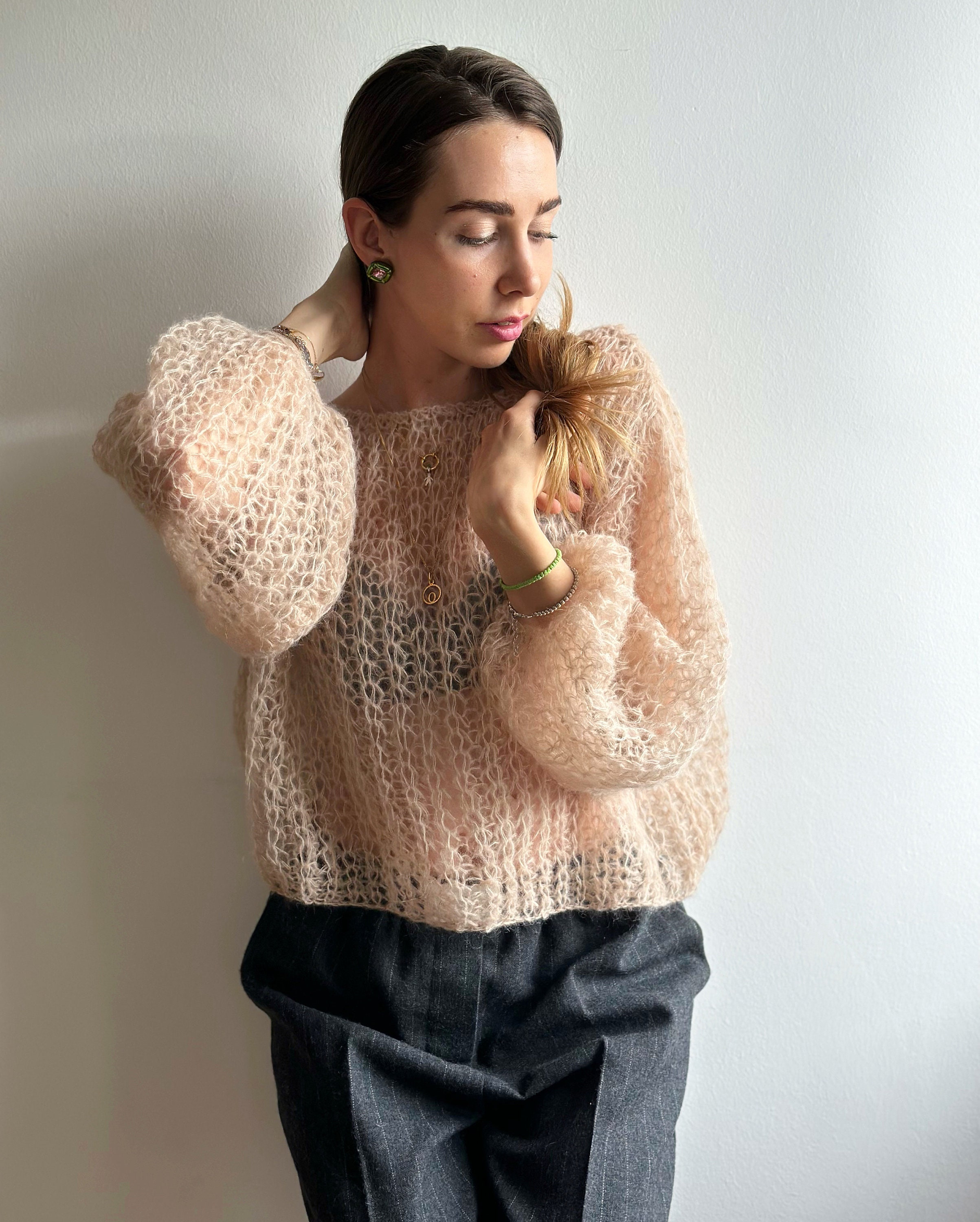 Beige Mohair Sweater Mesh Loose Sweater Soft Light Sweater Sexy Handknit  Sweater See Through Bridal Sweater Wedding Wool Sweater - Etsy