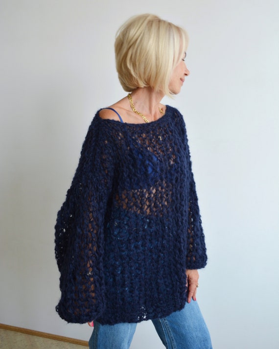 Navy Blue Mohair Loose Knit Sweater, Soft Handknit Oversized