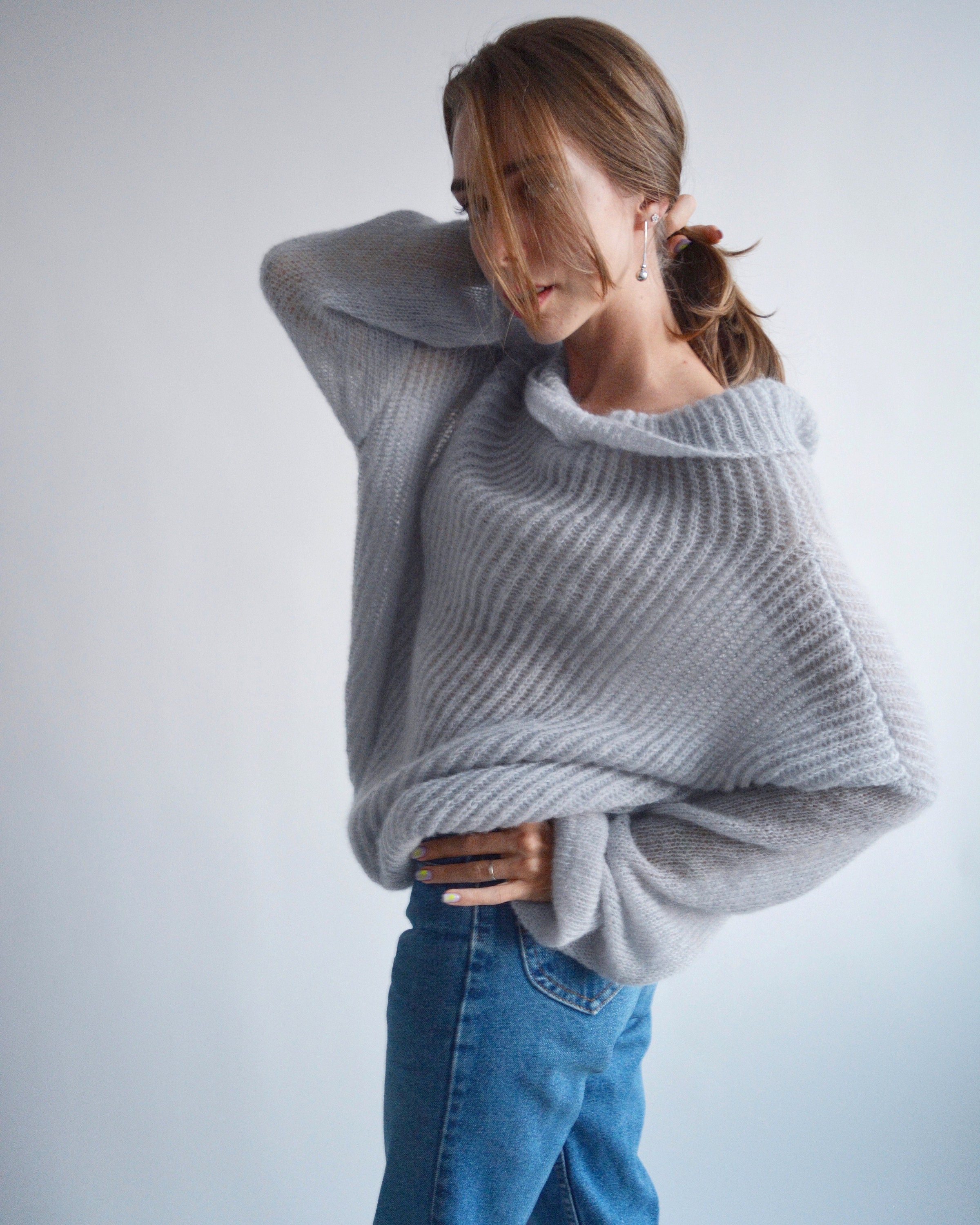Gray mohair sweater Turtleneck big sweater Loose warm | Etsy