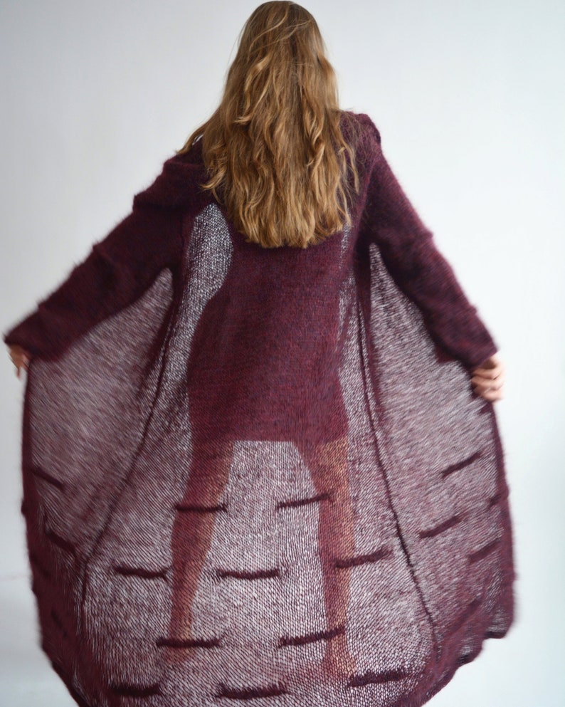 Burgundy hooded long cardigan, Mohair loose knit cardigan, Bordeaux maxi cardigan, Bohemian knitted coat, Oversize thick cardigan image 5