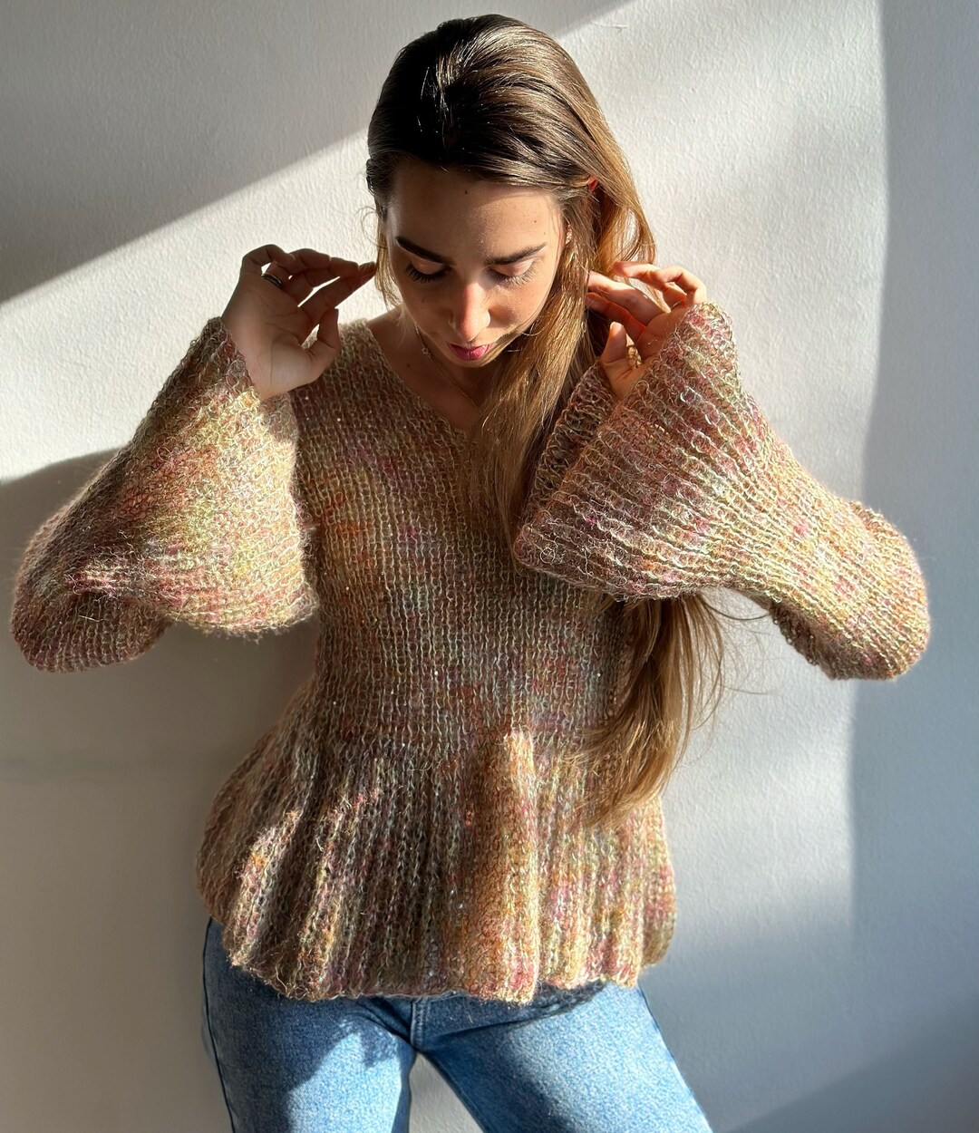 Rainbow Stitching Balloon Sleeve Sweater