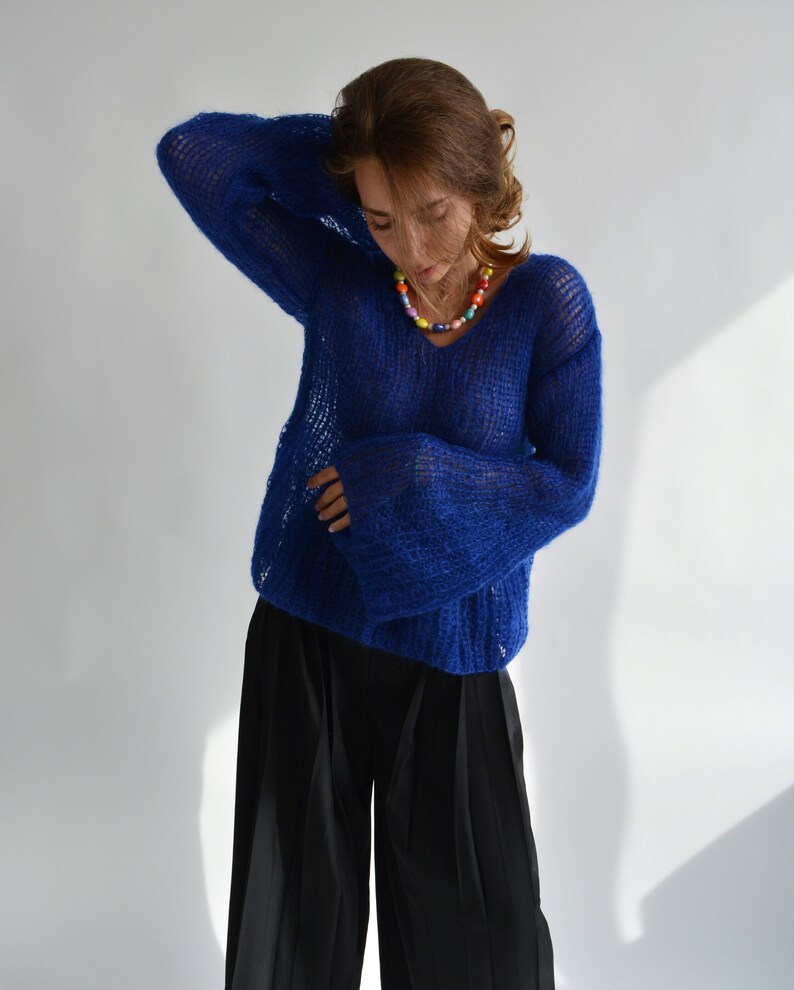 Blue Kid Mohair Sweater | Handmade Oversized Knit Pullover | Luxury Lightweight Sweater Bild 8