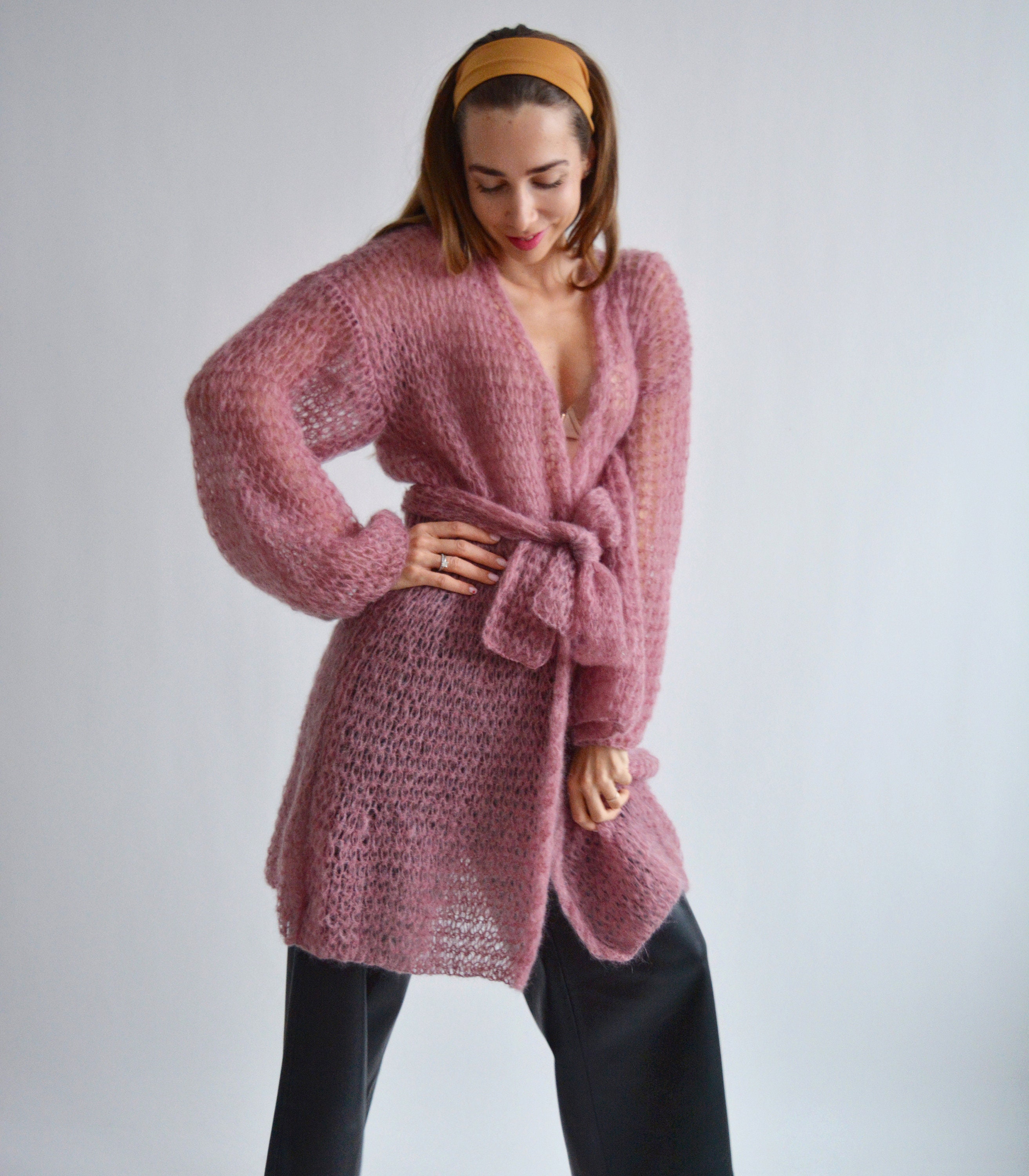 Handknit Mauve Mohair Cardigan, Belted Wrap, Oversized Fit - Etsy
