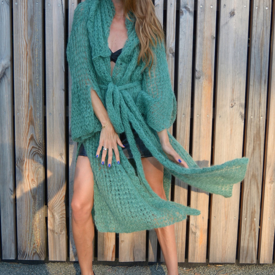 Green hooded cardigan Long mohair cardigan Belted creative Etsy