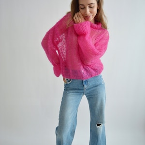 Bright fuchsia pink sweater Turtleneck mohair sweater Loose handknit sweater Soft sexy wool sweater Stylish oversized knit sweater image 2