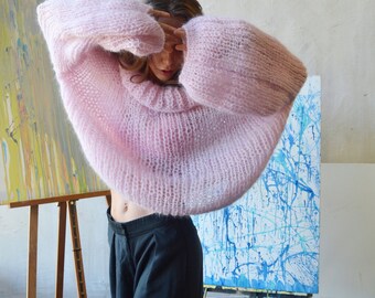 値下げ❣️TENTIAL MIGARU Light Knit Ladies Light Pink Mohair Sweater Alpaca Turtleneck Sweater Slouchy