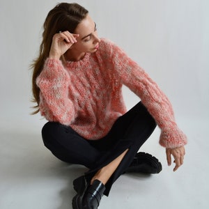 Coral melange mohair sweater Soft handknit sweater Fluffy chic sweater Warm rainbow sweater Loose multicolor sweater Sexy chunky sweater image 4