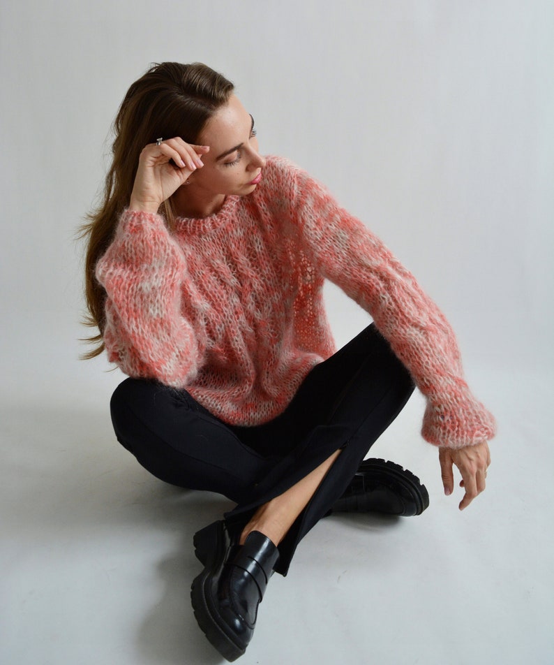 Coral melange mohair sweater Soft handknit sweater Fluffy chic sweater Warm rainbow sweater Loose multicolor sweater Sexy chunky sweater image 4