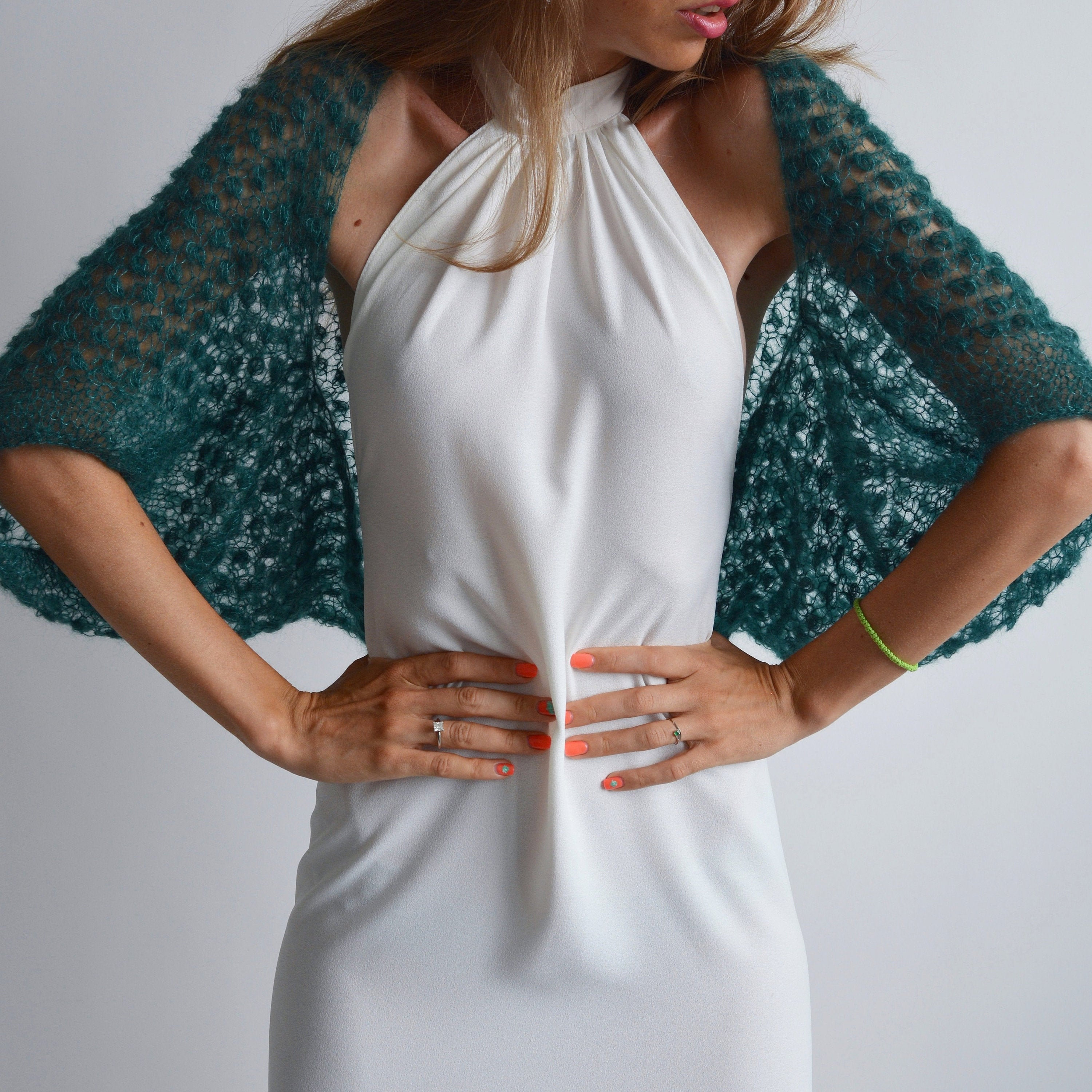 Green Silk Mohair Shawl Bridal Cover up 