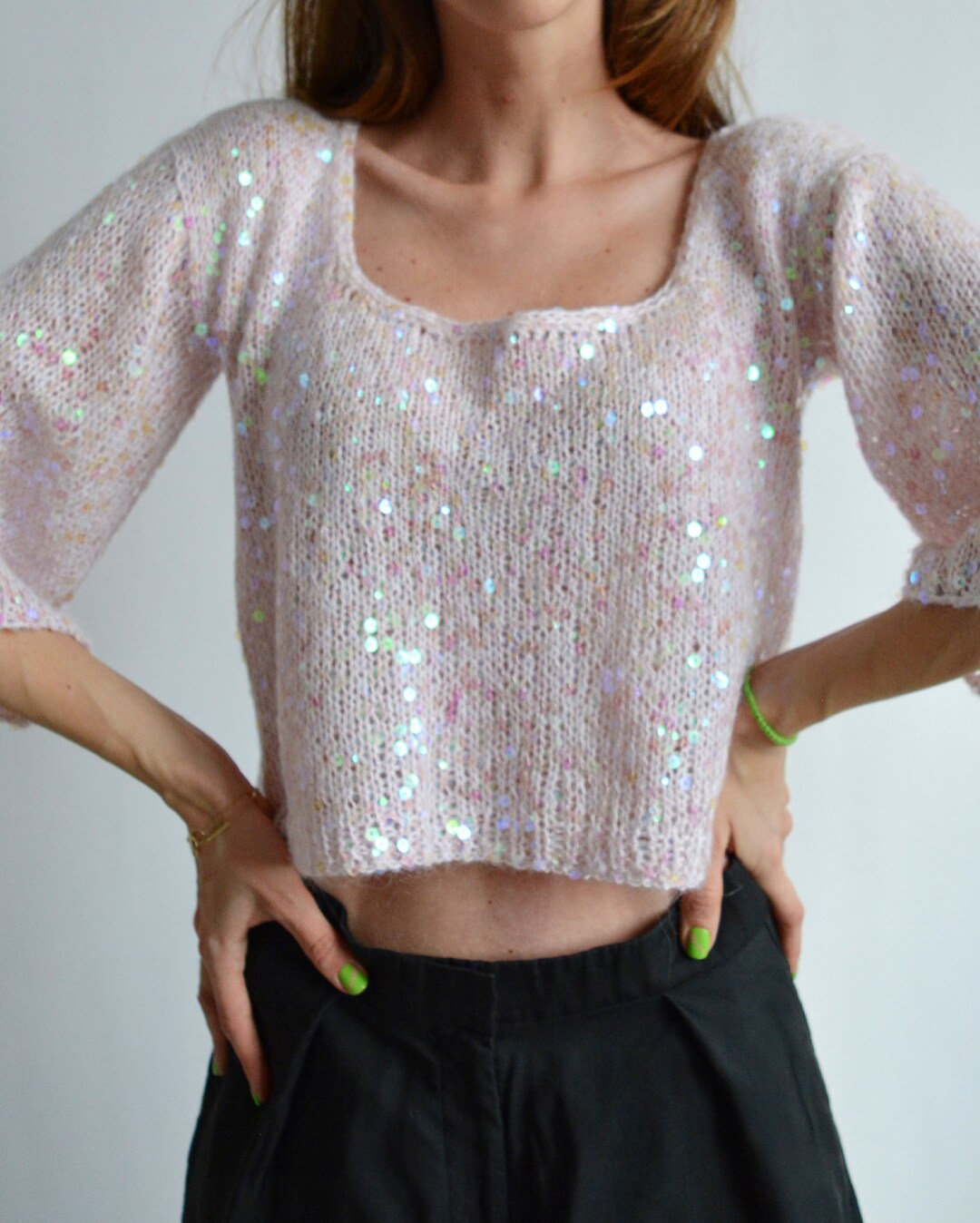 Light Pink Mohair Sweater Sexy Sweater With Paillettes Sequin Party