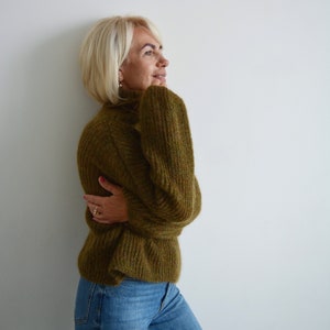 Green khaki mohair turtleneck sweater, Olive loose knit sweater, Thick handknit wool sweater, Oversize warm chunky sweater image 6