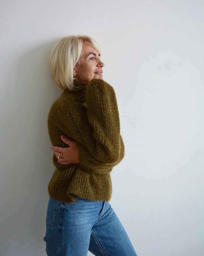 Green khaki mohair turtleneck sweater, Olive loose knit sweater, Thick handknit wool sweater, Oversize warm chunky sweater image 6