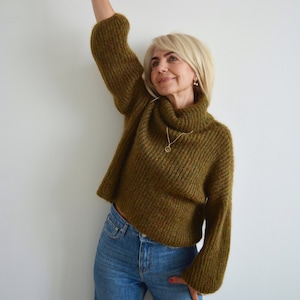 Green khaki mohair turtleneck sweater, Olive loose knit sweater, Thick handknit wool sweater, Oversize warm chunky sweater image 5