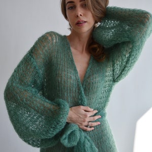 Green mohair cardigan Long belted cardigan Kimono oversized cardigan Light chunky cardigan Wrap cardigan coat Handknit maxi cardigan image 4