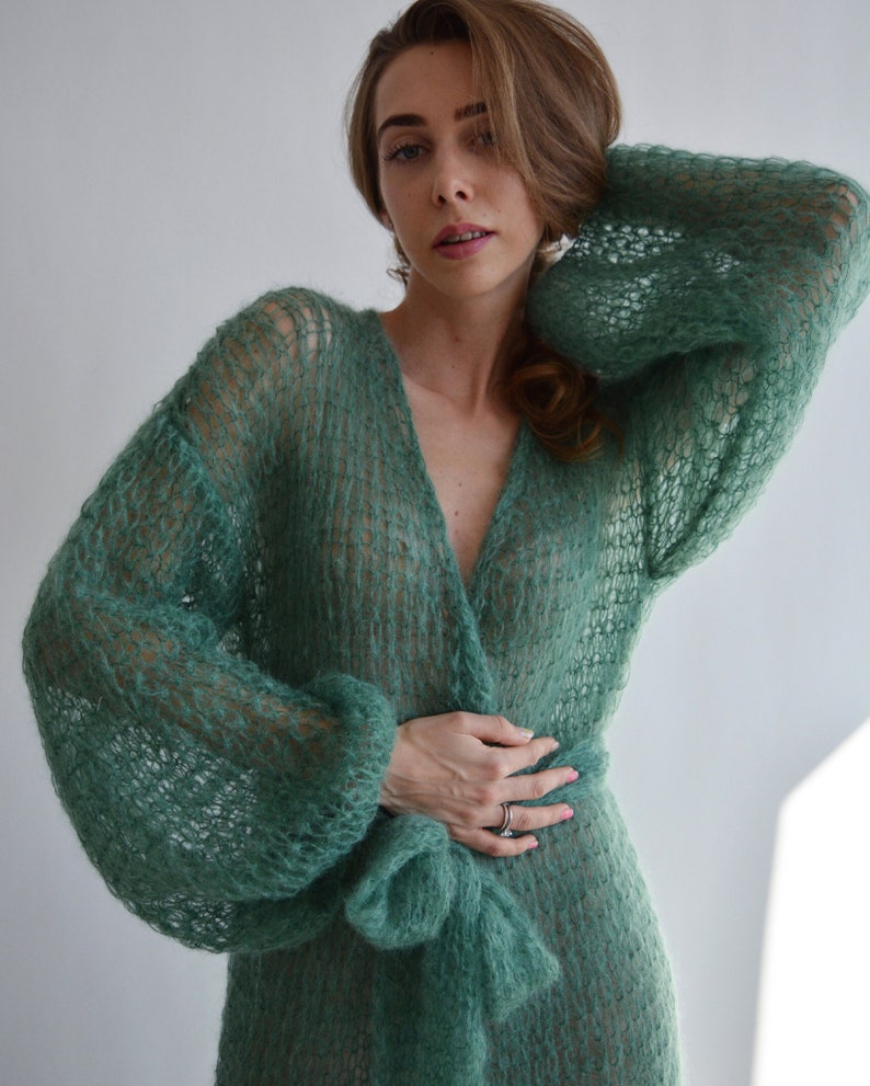 Green mohair cardigan Long belted cardigan Kimono oversized cardigan Light chunky cardigan Wrap cardigan coat Handknit maxi cardigan image 4