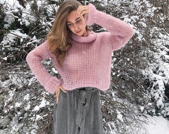 Pink Mohair Sweater Loose Cozy Sweater Chunky Turtleneck