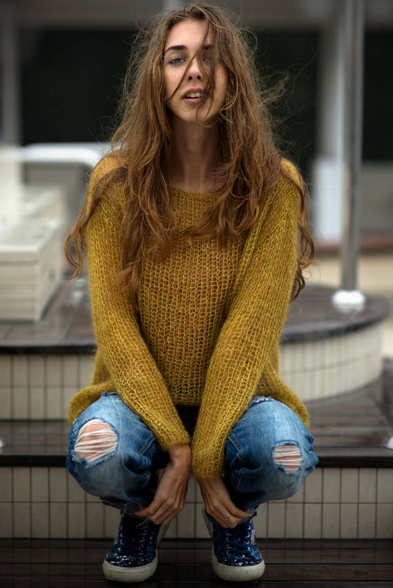 Mustard Mohair Sweater Handknit Soft Sweater Sexy Light Sweater Boho Chunky Sweater Loose Chic Sweater Casual See Through Sweater Etsy