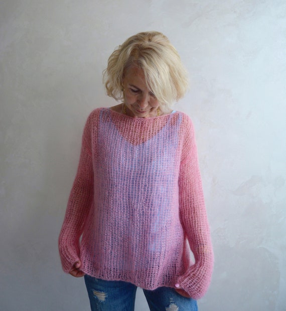 Pink Knit Mohair Sweater, Light Summer Sweater, Loose Knit