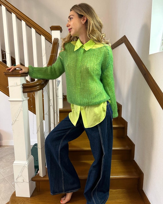 Green mohair loose sweater Light handknit sweater Chic sexy sweater  Oversized wool sweater Minimalistic women fall sweater Winter sweater