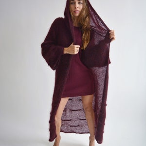 Burgundy hooded long cardigan, Mohair loose knit cardigan, Bordeaux maxi cardigan, Bohemian knitted coat, Oversize thick cardigan image 3