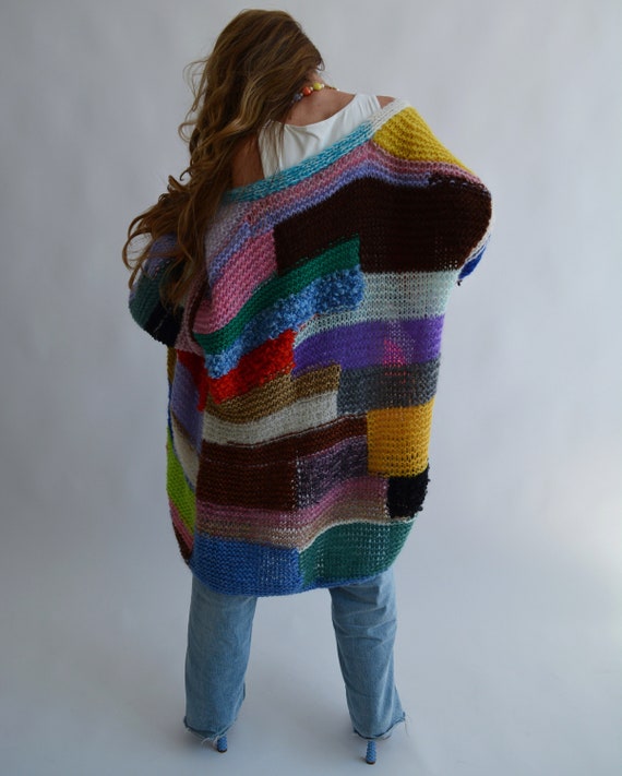 XLサイズ Patchwork Mohair Cardigan Mohair Cardigan Long Rainbow Cardigan Thick Colorful Cardigan