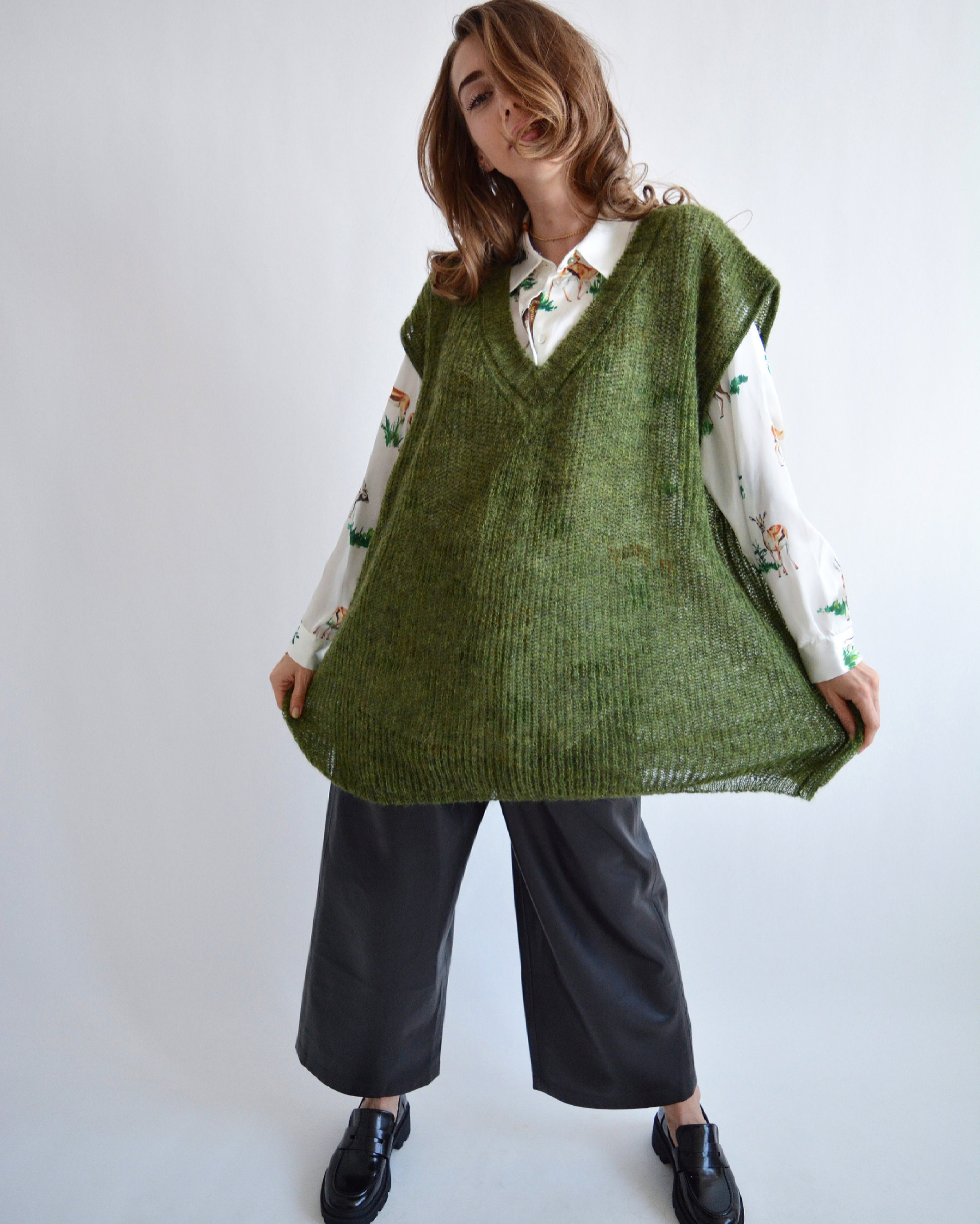Green Mohair Sweater Vest Loose Sleeveless Sweater Knitted
