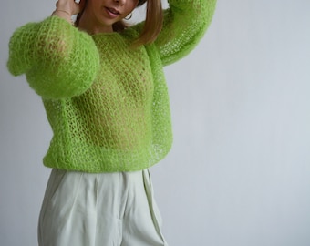 Lime green mohair sweater Off shoulder chunky sweater Cropped sexy sweater  Bright oversized sweater Short light sweater Handknit sweater - Main Image