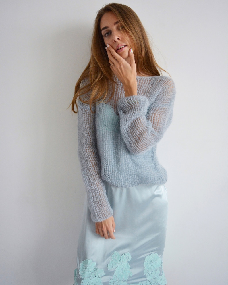 Gray blue cropped mohair sweater Light evening cover up Wedding handknit sweater Bridal soft sweater Short party sweater image 1