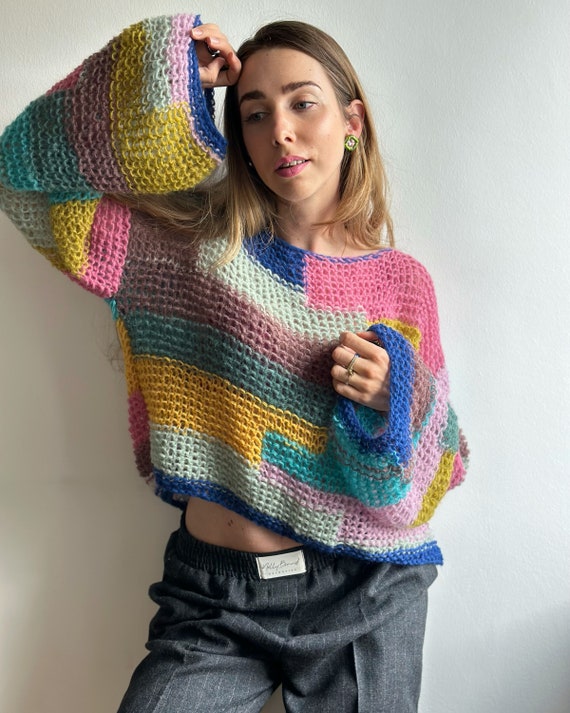 Colorful Mohair Sweater Handknit Rainbow Sweater Multicolour Geometric Sweater Striped Loose Sweater Bright Extravagant Sweater Wool Sweater Etsy