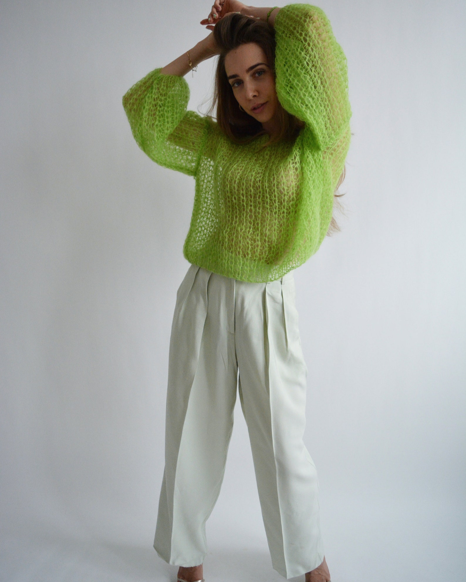 Lime green mohair sweater Off shoulder chunky sweater Cropped Etsy