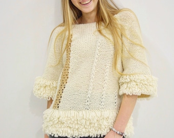 Merino thick sweater Hand painted white sweater Embellished soft sweater Unique ivory sweater Oversized sweater Cozy wool sweater