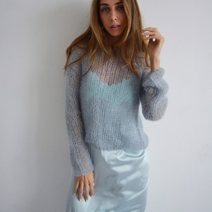 Gray blue cropped mohair sweater Light evening cover up Wedding handknit sweater Bridal soft sweater Short party sweater image 9