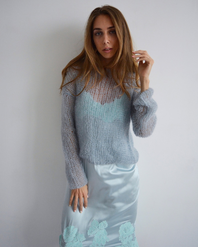 Gray blue cropped mohair sweater Light evening cover up Wedding handknit sweater Bridal soft sweater Short party sweater image 9