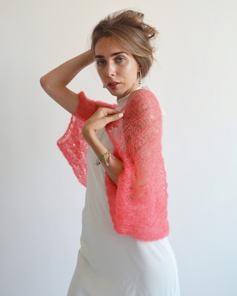 Coral silk mohair shawl, Wedding bolero shrug, Bridal knitted shawl, Evening shawl, Bridesmaid light bolero, Bridal cover up, Bridal wrap image 8