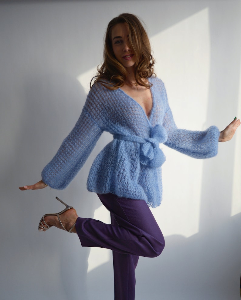 Sky Blue Mohair Cardigan Cropped Fluffy Cardigan Soft Belted Etsy
