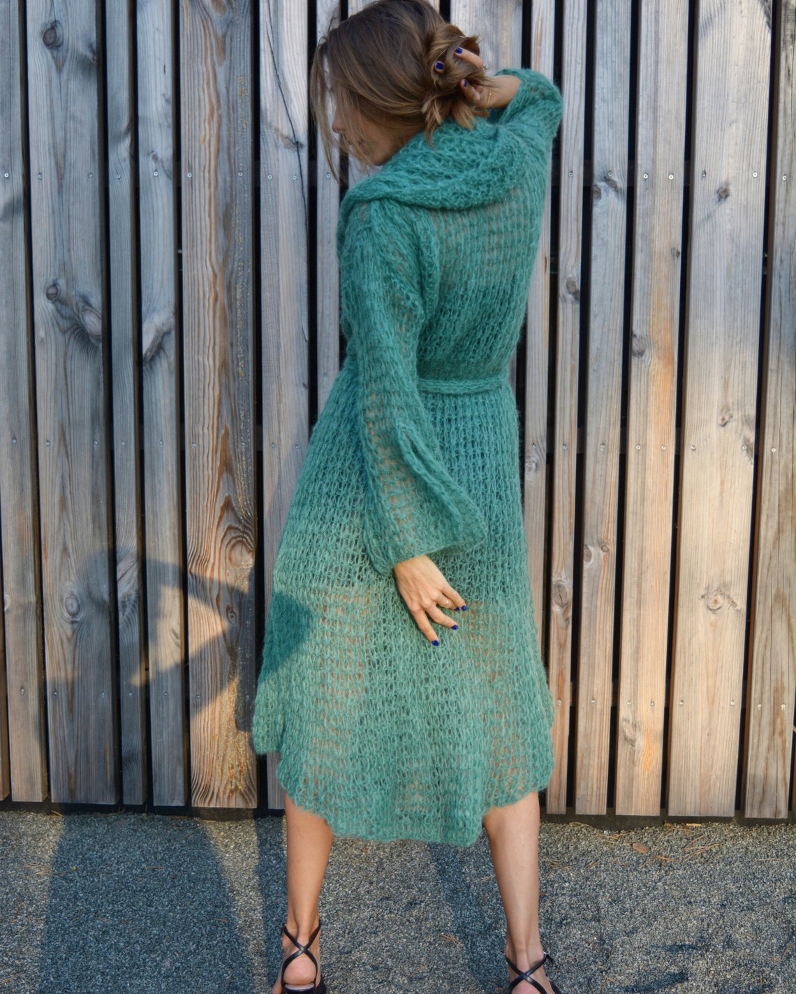 Green hooded cardigan Long mohair cardigan Belted creative Etsy