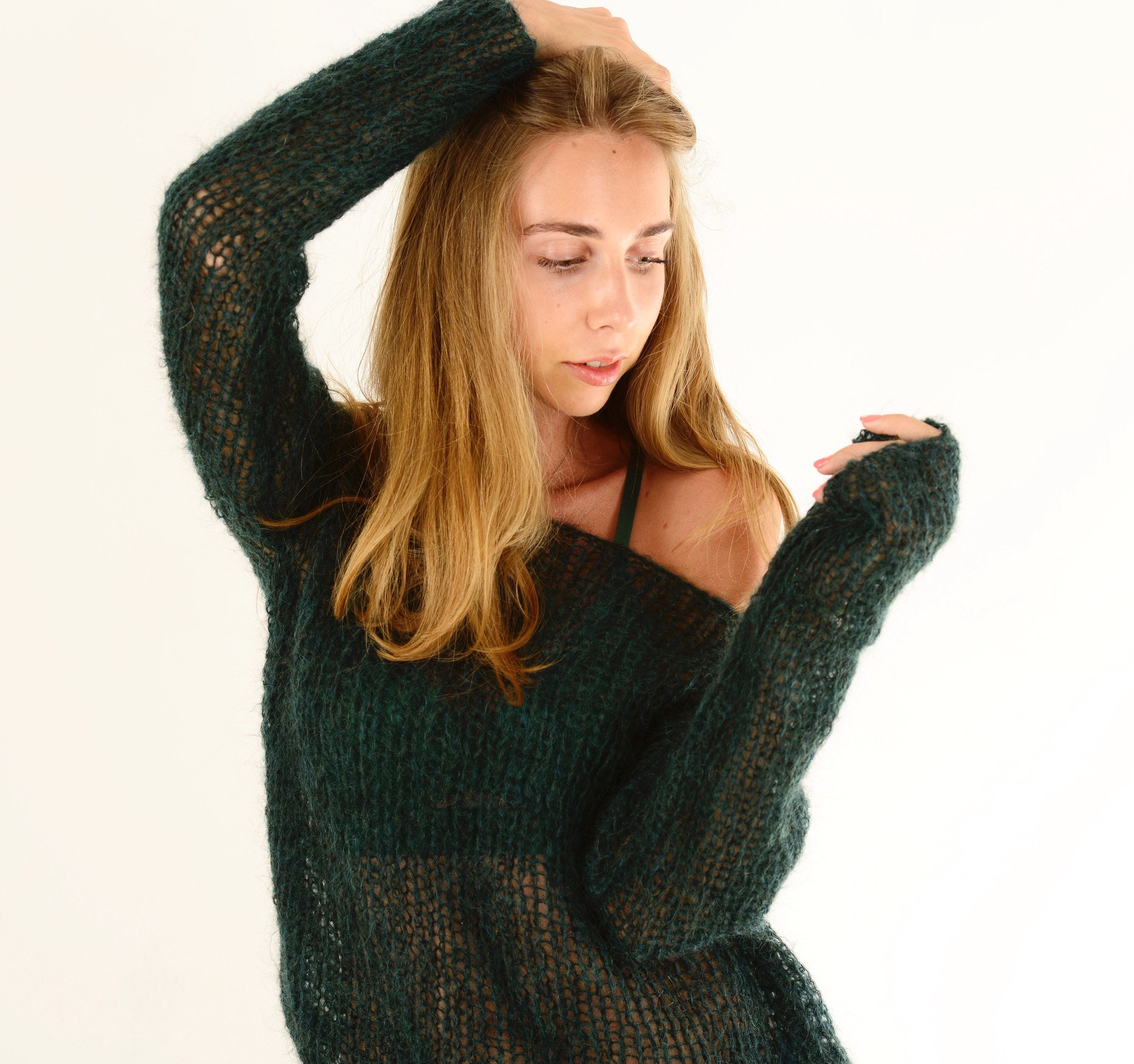 Dark Green Mohair Sweater off Shoulder 