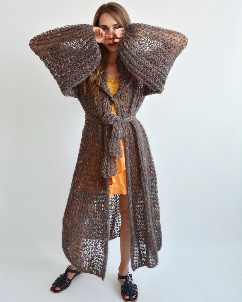 Brown tweed merino wool cardigan Cotton chunky cardigan Oversized maxi cardigan Long belted cardigan Kimono handknit cardigan Wool cardigan image 2