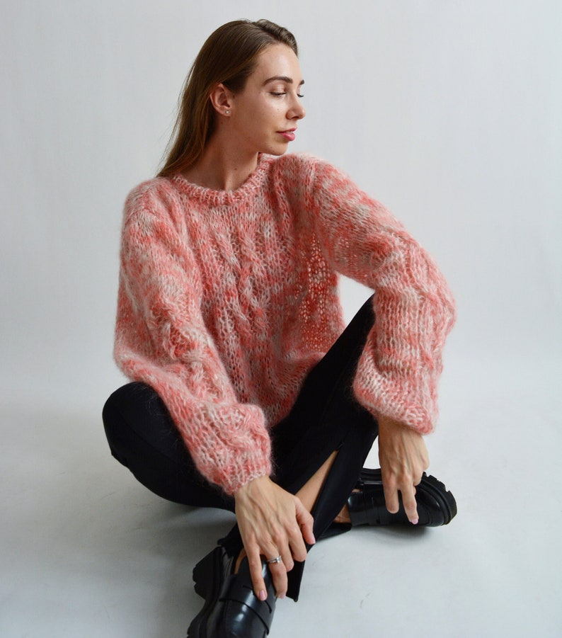 Coral melange mohair sweater Soft handknit sweater Fluffy chic sweater Warm rainbow sweater Loose multicolor sweater Sexy chunky sweater image 1