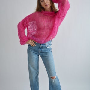 Bright fuchsia pink sweater Turtleneck mohair sweater Loose handknit sweater Soft sexy wool sweater Stylish oversized knit sweater image 4