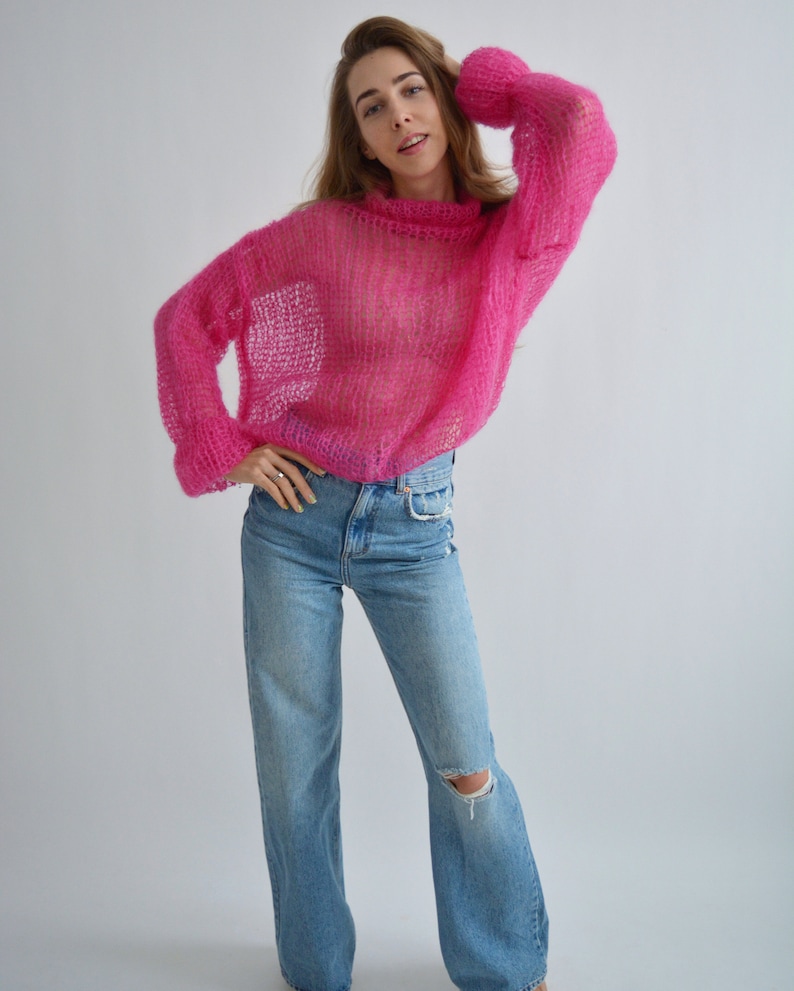 Bright fuchsia pink sweater Turtleneck mohair sweater Loose handknit sweater Soft sexy wool sweater Stylish oversized knit sweater image 4