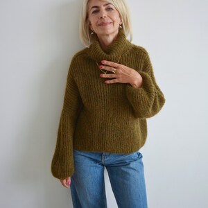 Green khaki mohair turtleneck sweater, Olive loose knit sweater, Thick handknit wool sweater, Oversize warm chunky sweater image 4