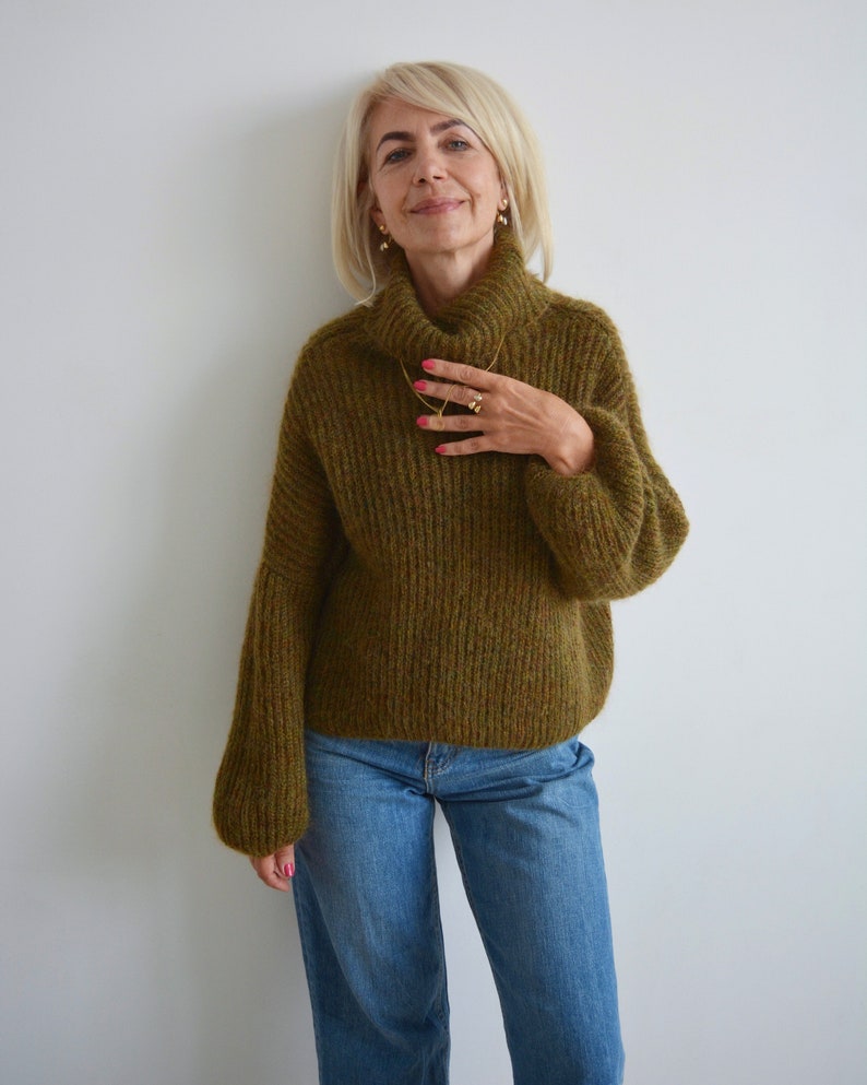Green khaki mohair turtleneck sweater, Olive loose knit sweater, Thick handknit wool sweater, Oversize warm chunky sweater image 4
