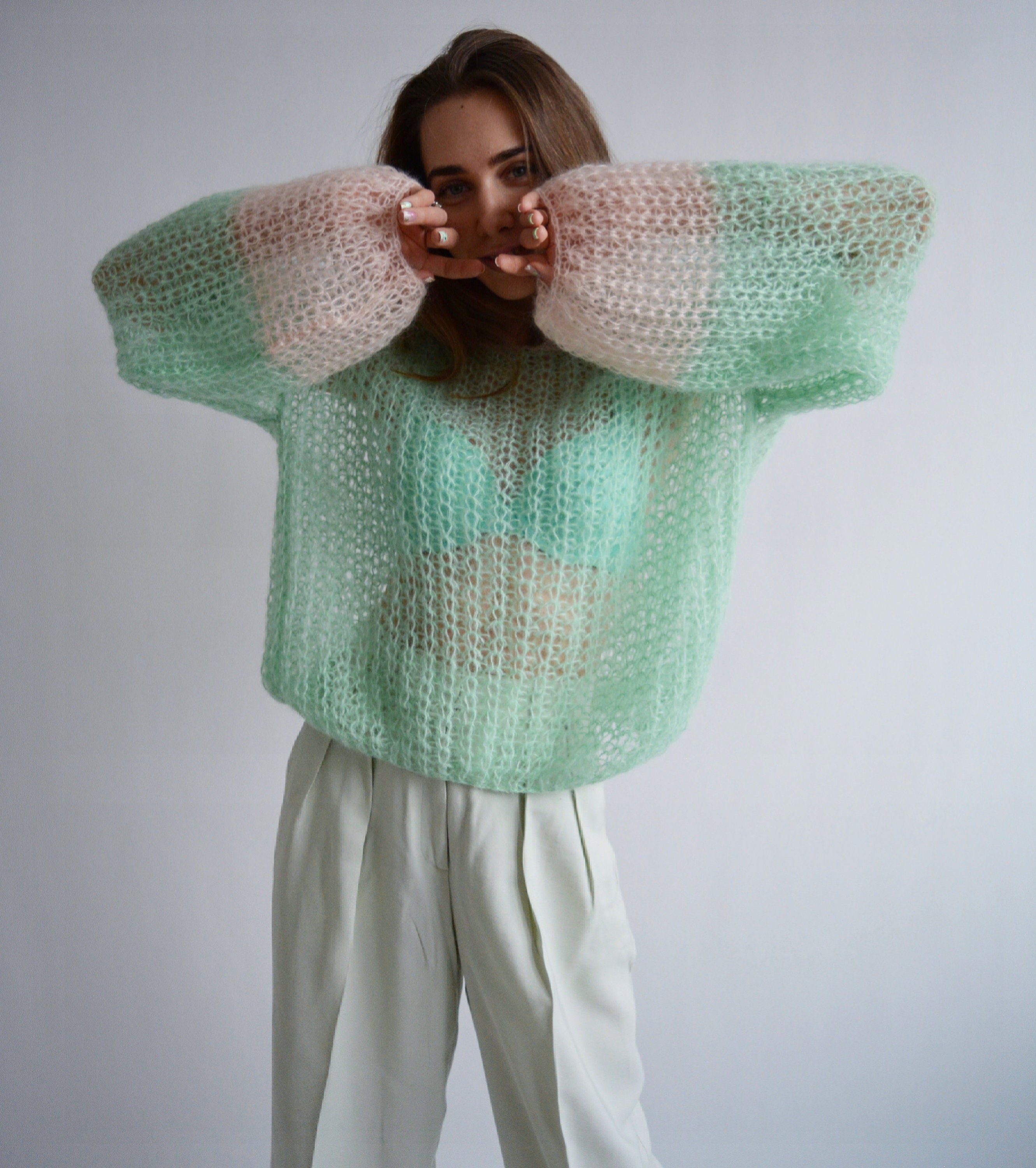 Mint Mohair Sweater Cropped Chunky Sweater Oversized Light Sweater 